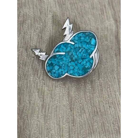 Turquoise Inlay Cloud & Lightning Bolt Silver Lapel Pin - Picture 3 of 5